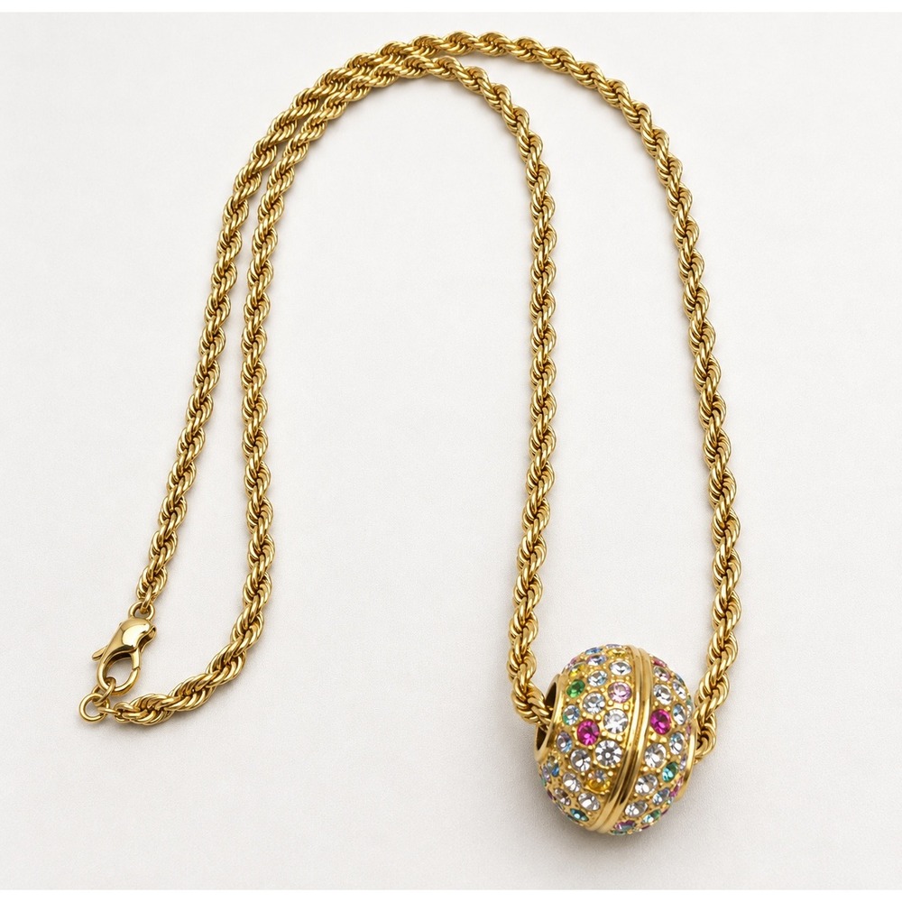 Gold Tone Rope Chain Multicolor Rhinestone Ball Slider Necklace Statement